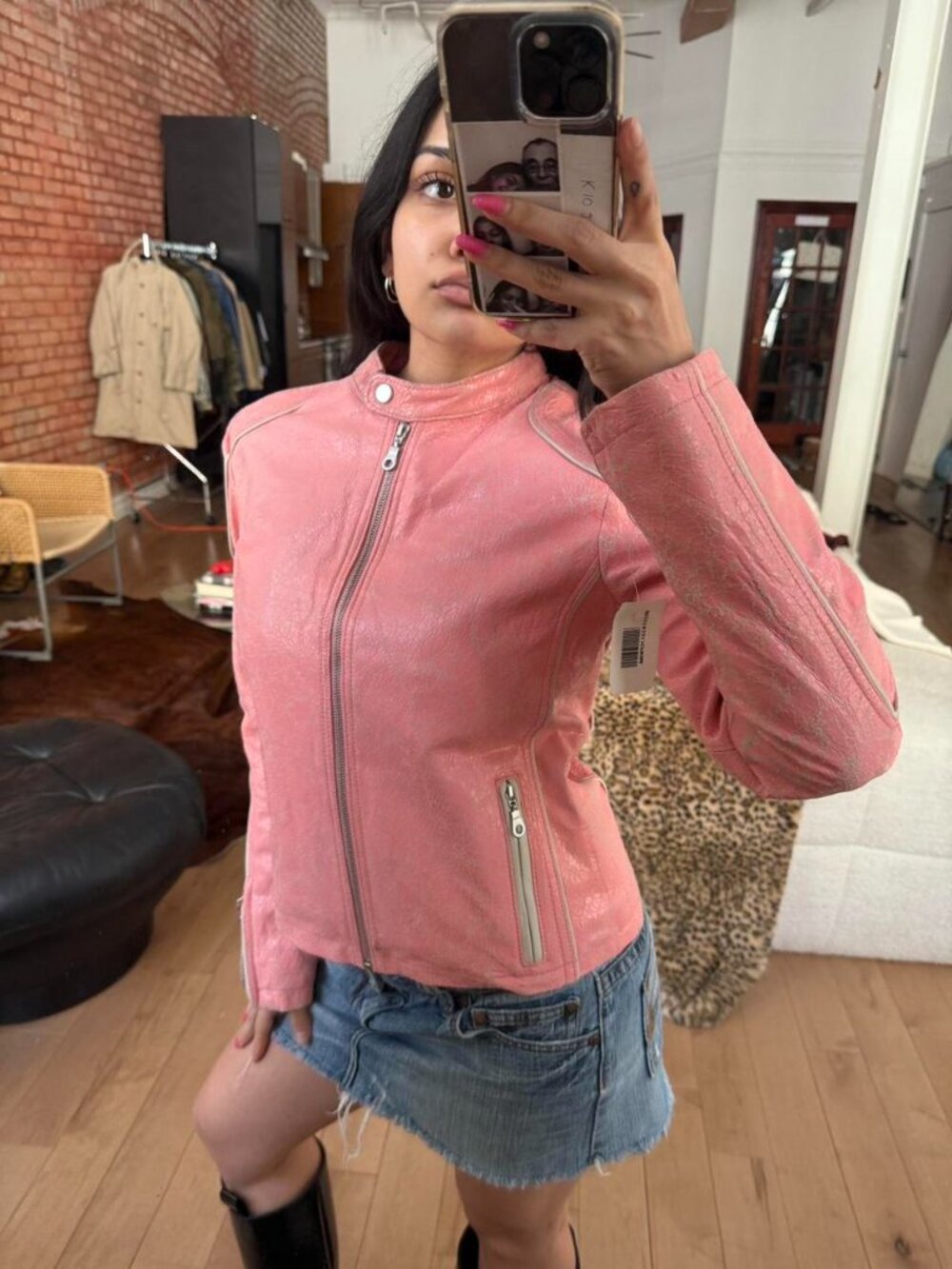 Vintage Pink Leather Moto Jacket – Distressed Y2K Biker Outerwear